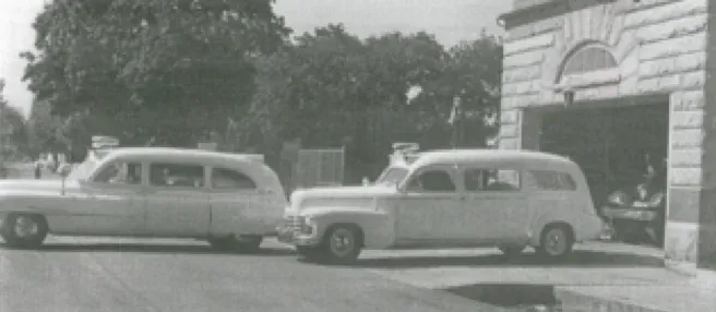 1954 and 1947 Cadillac ambulances in front of Cumberland Fire Company in 1958