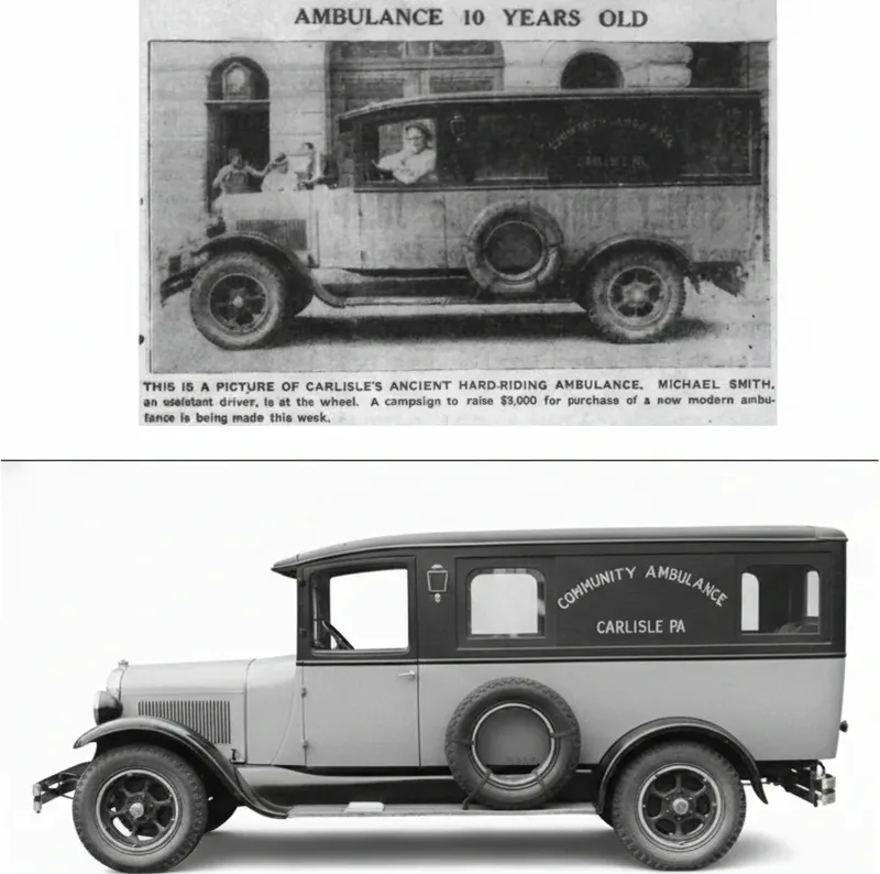 Newspaper photo of the original motorized Dodge ambulance and a digital recreation